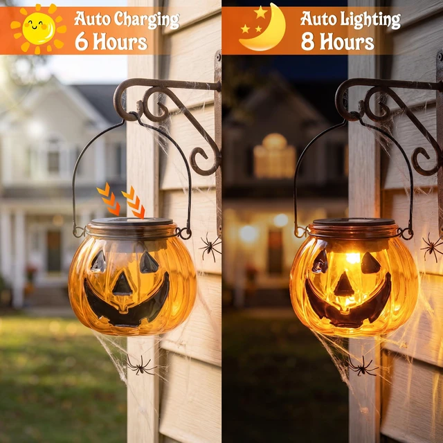 Alt view image 3 of 7 - Halloween Pumpkin Solar Lantern, 2 Pack Glass Hanging Light Outdoor | Orange Pumpkin JackO'-Lantern with Spooky Grin Face Projection; Tabletop Lamp; Auto On/Off; IP44 Waterproof; Warm White Glow