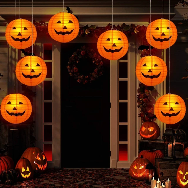 Main image of 12pc Halloween Jack O Lantern 8inch Halloween Decorations Plastic Pumpkins Pumpkin Hanging Paper Lantern Halloween Indoor Outdoor Party Decoration Supplies