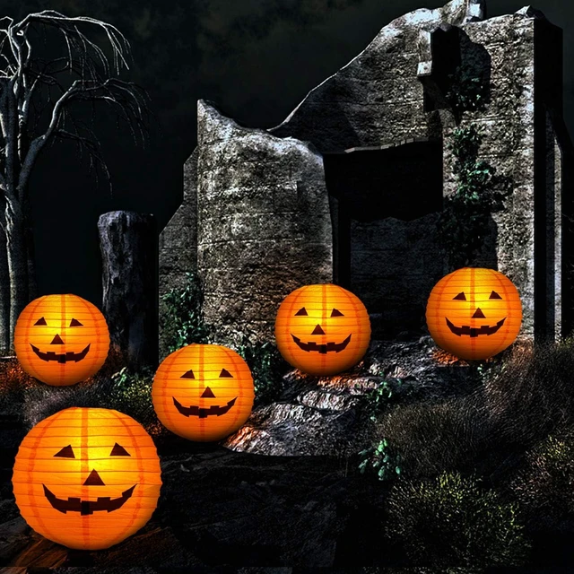 Alt view image 4 of 7 - 12pc Halloween Jack O Lantern 8inch Halloween Decorations Plastic Pumpkins Pumpkin Hanging Paper Lantern Halloween Indoor Outdoor Party Decoration Supplies