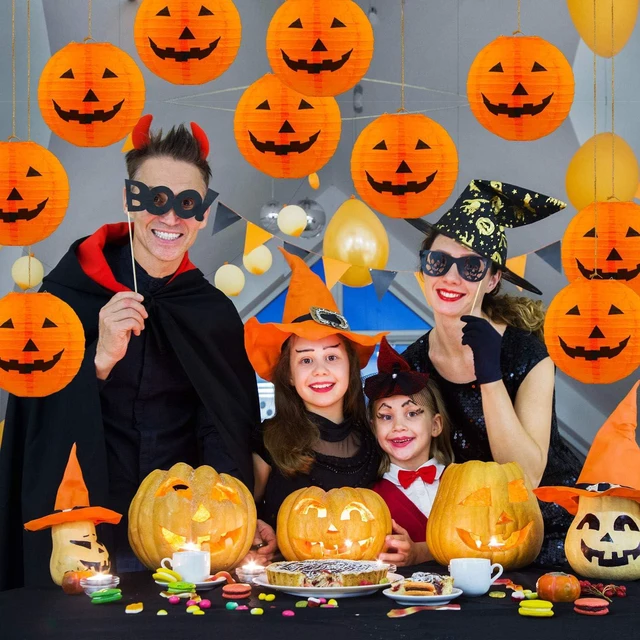 Alt view image 5 of 7 - 12pc Halloween Jack O Lantern 8inch Halloween Decorations Plastic Pumpkins Pumpkin Hanging Paper Lantern Halloween Indoor Outdoor Party Decoration Supplies