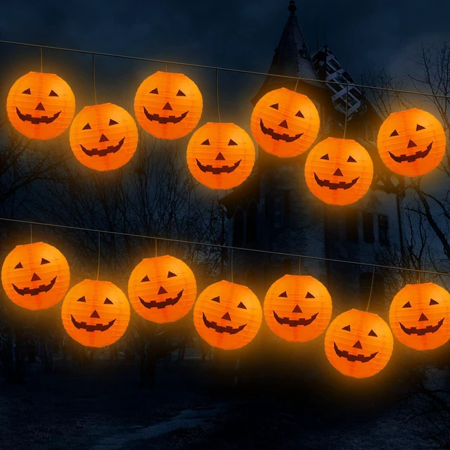 Alt view image 6 of 7 - 12pc Halloween Jack O Lantern 8inch Halloween Decorations Plastic Pumpkins Pumpkin Hanging Paper Lantern Halloween Indoor Outdoor Party Decoration Supplies