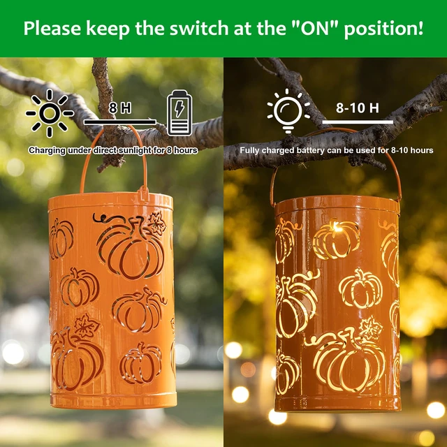 Alt view image 2 of 7 - 10.75" H Fall Metal Pumpkin Lantern Decor Solar Powered LED Lantern Autumn Harvest Decorative Lanterns Thanksgiving Hanging or Standing Porch Decor Halloween Table Indoor Outdoor Decor