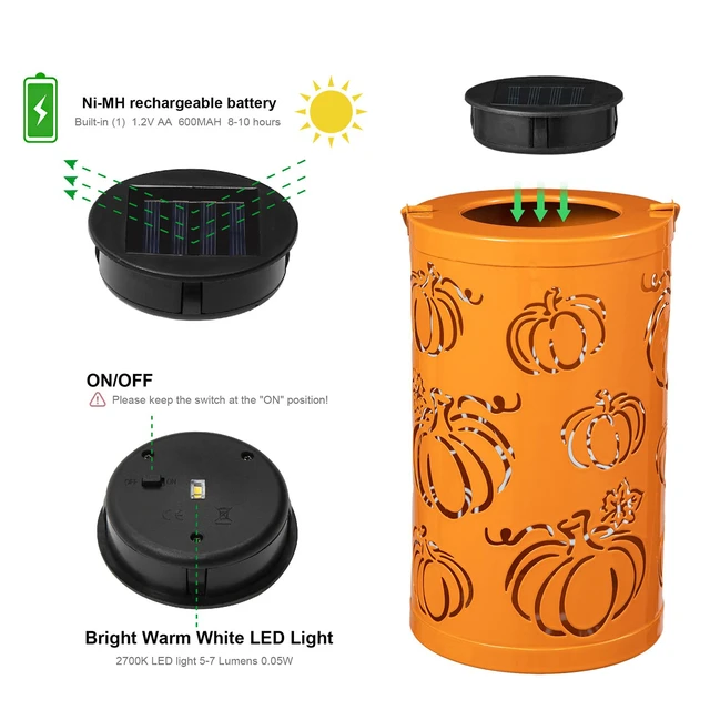Alt view image 3 of 7 - 10.75" H Fall Metal Pumpkin Lantern Decor Solar Powered LED Lantern Autumn Harvest Decorative Lanterns Thanksgiving Hanging or Standing Porch Decor Halloween Table Indoor Outdoor Decor