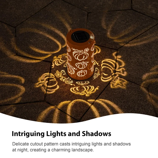 Alt view image 4 of 7 - 10.75" H Fall Metal Pumpkin Lantern Decor Solar Powered LED Lantern Autumn Harvest Decorative Lanterns Thanksgiving Hanging or Standing Porch Decor Halloween Table Indoor Outdoor Decor