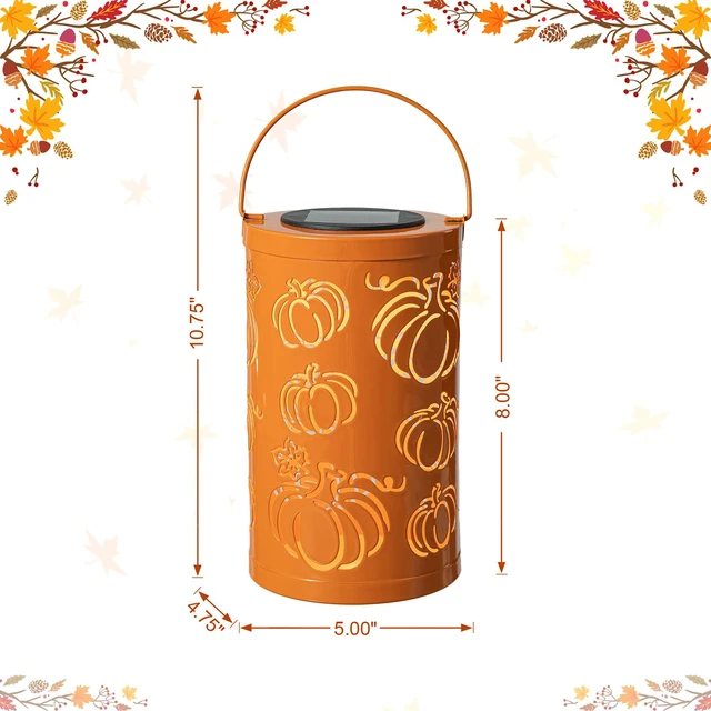 Alt view image 5 of 7 - 10.75" H Fall Metal Pumpkin Lantern Decor Solar Powered LED Lantern Autumn Harvest Decorative Lanterns Thanksgiving Hanging or Standing Porch Decor Halloween Table Indoor Outdoor Decor