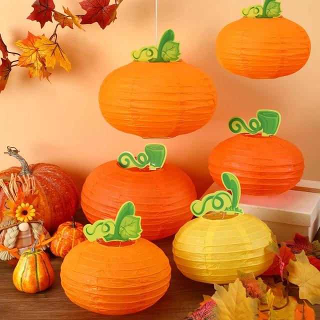 Alt view image 3 of 7 - 12PCS Fall Thanksgiving Pumpkin Paper Lanterns 3D Party Decoration | Orange Round Paper Lanterns, Thanksgiving Harvest Party, Hanging Honeycomb Centerpieces, 12 Pack 3D Pumpkins Supplies