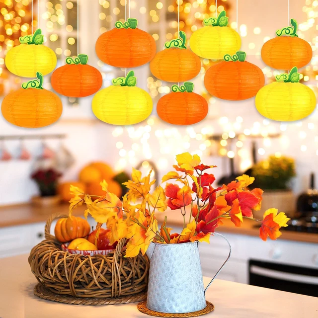 Alt view image 4 of 7 - 12PCS Fall Thanksgiving Pumpkin Paper Lanterns 3D Party Decoration | Orange Round Paper Lanterns, Thanksgiving Harvest Party, Hanging Honeycomb Centerpieces, 12 Pack 3D Pumpkins Supplies