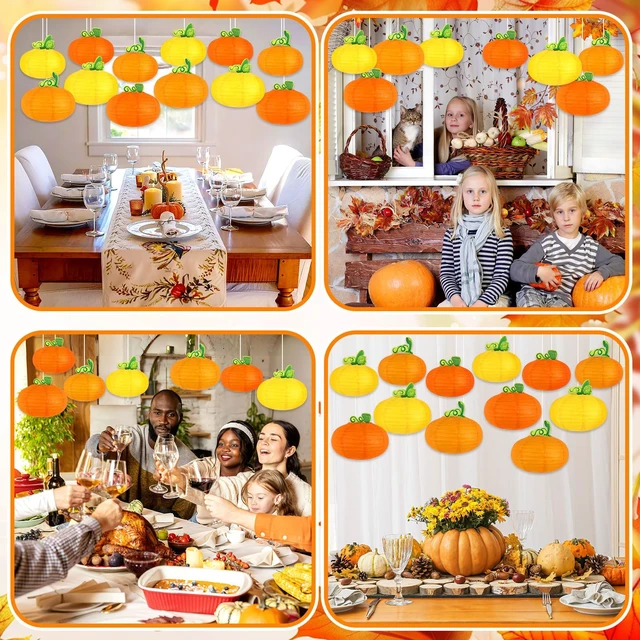 Alt view image 7 of 7 - 12PCS Fall Thanksgiving Pumpkin Paper Lanterns 3D Party Decoration | Orange Round Paper Lanterns, Thanksgiving Harvest Party, Hanging Honeycomb Centerpieces, 12 Pack 3D Pumpkins Supplies