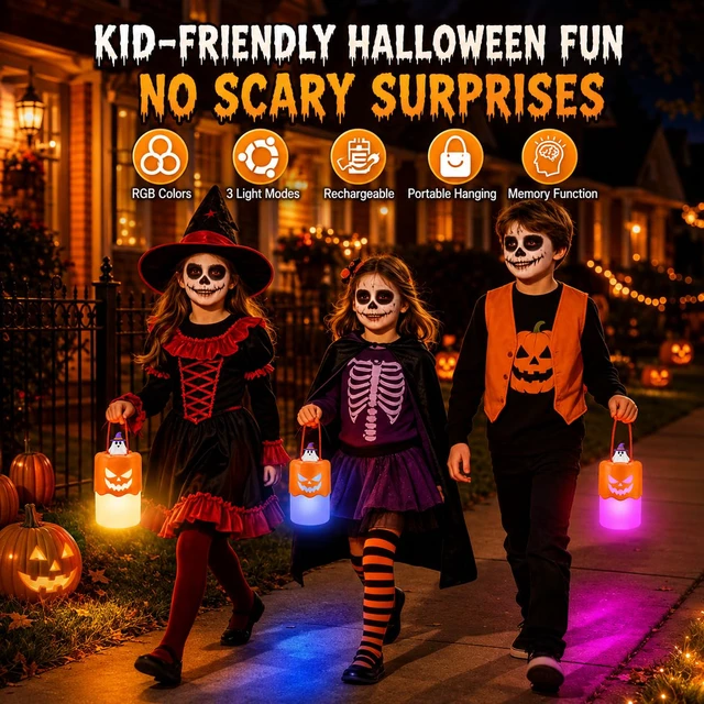 Alt view image 2 of 7 - Rechargeable Halloween Pumpkin Lantern Light Collapsible Jack O Lantern | Battery Operated Pumpkin Lantern with Lanyard - Halloween Party Favor Decoration Outdoor Light up Pumpkin for Halloween Party