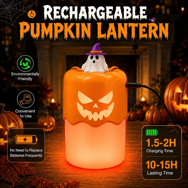 Alt view image 3 of 7 - Rechargeable Halloween Pumpkin Lantern Light Collapsible Jack O Lantern | Battery Operated Pumpkin Lantern with Lanyard - Halloween Party Favor Decoration Outdoor Light up Pumpkin for Halloween Party