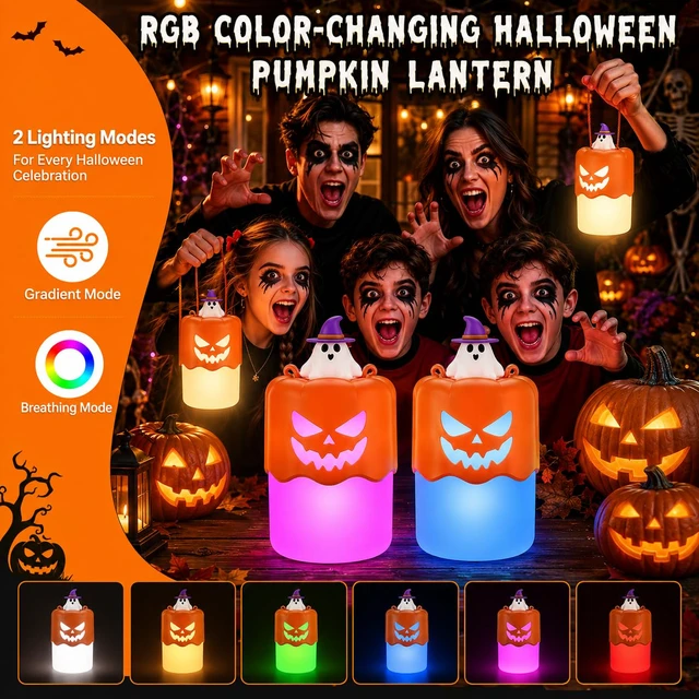 Alt view image 4 of 7 - Rechargeable Halloween Pumpkin Lantern Light Collapsible Jack O Lantern | Battery Operated Pumpkin Lantern with Lanyard - Halloween Party Favor Decoration Outdoor Light up Pumpkin for Halloween Party