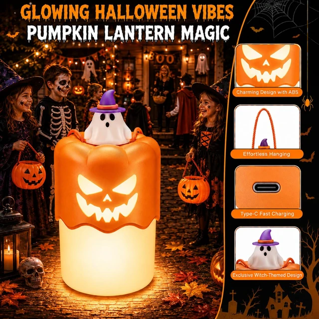 Alt view image 7 of 7 - Rechargeable Halloween Pumpkin Lantern Light Collapsible Jack O Lantern | Battery Operated Pumpkin Lantern with Lanyard - Halloween Party Favor Decoration Outdoor Light up Pumpkin for Halloween Party