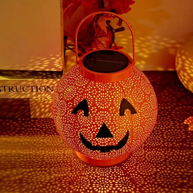 Alt view image 2 of 7 - Halloween Solar Pumpkin Lantern Lights, LED Hanging Jack O Lantern Outdoor | Halloween Decorations Outdoor, Durable & Waterproof, Hanging Hook, Solar Powered, For Garden Yard Patio Lawn, 6.6Inch Dia.