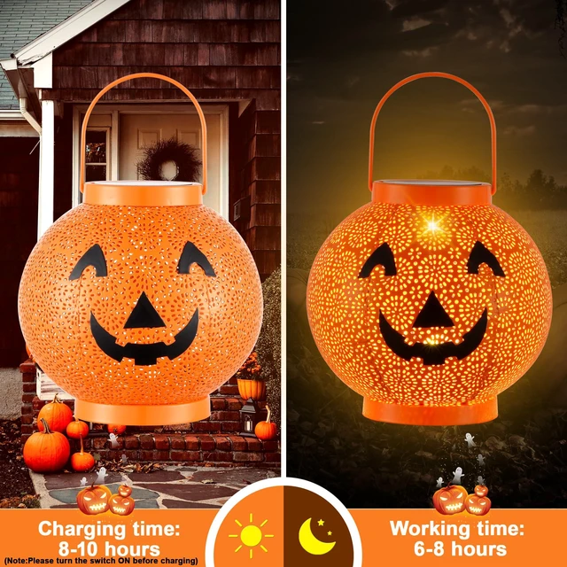 Alt view image 5 of 7 - Halloween Solar Pumpkin Lantern Lights, LED Hanging Jack O Lantern Outdoor | Halloween Decorations Outdoor, Durable & Waterproof, Hanging Hook, Solar Powered, For Garden Yard Patio Lawn, 6.6Inch Dia.