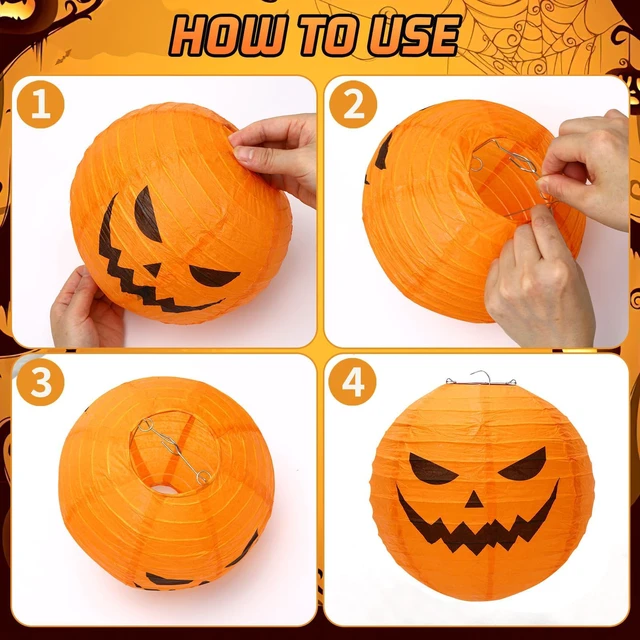 Alt view image 2 of 7 - 6 Pcs Halloween Paper Lanterns, 8 Inch Spooky Orange Decor Set | Halloween Pumpkin Paper Lantern, 3D Hanging Lanterns for Party Decorations, Seasonal Home Classroom Outdoor Yard Ornaments