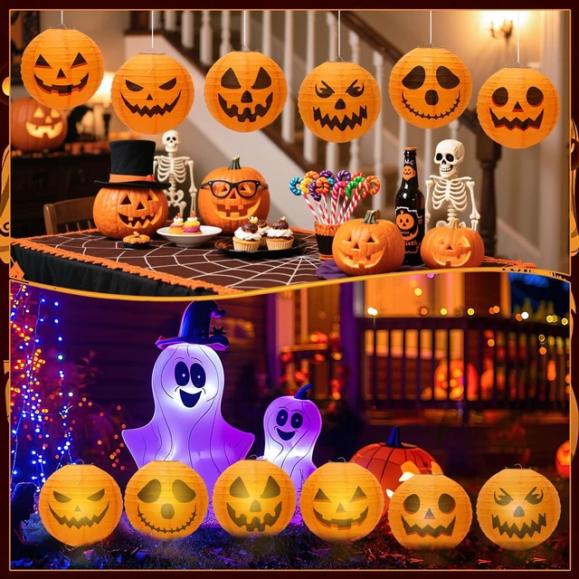 Alt view image 4 of 7 - 6 Pcs Halloween Paper Lanterns, 8 Inch Spooky Orange Decor Set | Halloween Pumpkin Paper Lantern, 3D Hanging Lanterns for Party Decorations, Seasonal Home Classroom Outdoor Yard Ornaments