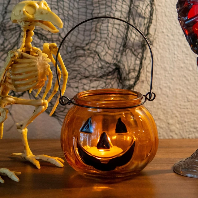 Alt view image 3 of 7 - Halloween Candle Holders Set of 4, Tealight Votive Candle Holders with Grimace, Metal Hanging Pumpkin Jack O Lanterns Decorative Halloween Table Centerpiece Orange