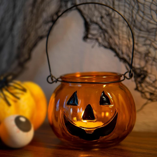 Alt view image 4 of 7 - Halloween Candle Holders Set of 4, Tealight Votive Candle Holders with Grimace, Metal Hanging Pumpkin Jack O Lanterns Decorative Halloween Table Centerpiece Orange
