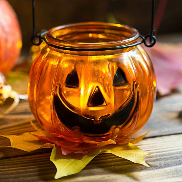 Alt view image 2 of 7 - Halloween Candle Holders Set of 4, Tealight Votive Candle Holders with Grimace, Metal Hanging Pumpkin Jack O Lanterns Decorative Halloween Table Centerpiece Orange