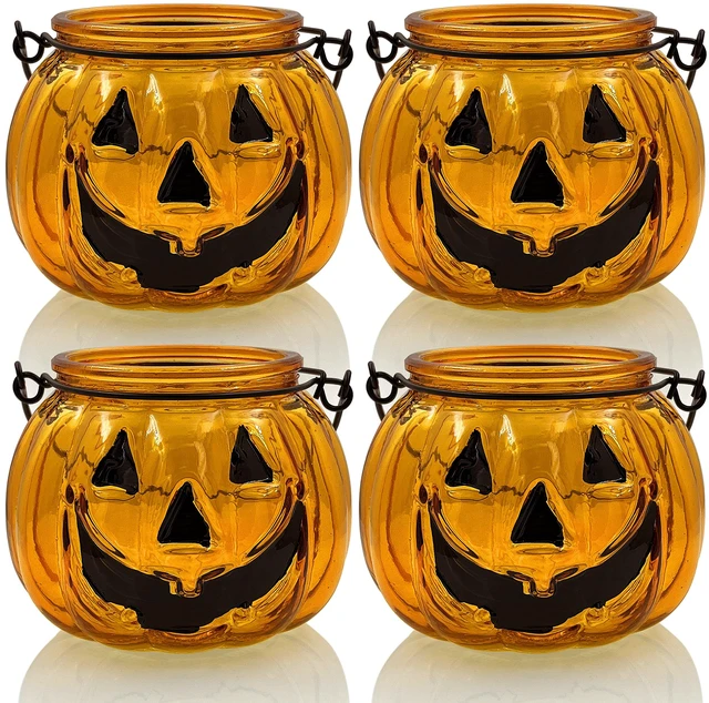 Main image of Halloween Candle Holders Set of 4, Tealight Votive Candle Holders with Grimace, Metal Hanging Pumpkin Jack O Lanterns Decorative Halloween Table Centerpiece Orange