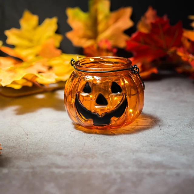 Alt view image 6 of 7 - Halloween Candle Holders Set of 4, Tealight Votive Candle Holders with Grimace, Metal Hanging Pumpkin Jack O Lanterns Decorative Halloween Table Centerpiece Orange