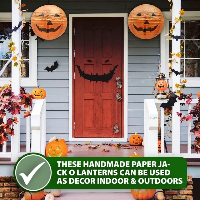 Alt view image 3 of 5 - Pumpkin Paper Lanterns Jack-o-Lantern Halloween Decorations | 10 PCs, Orange, Easy Assembly, 12-Inch, Hanging Outdoor Indoor, Spooky Lamps for Halloween Party Decor, Yard