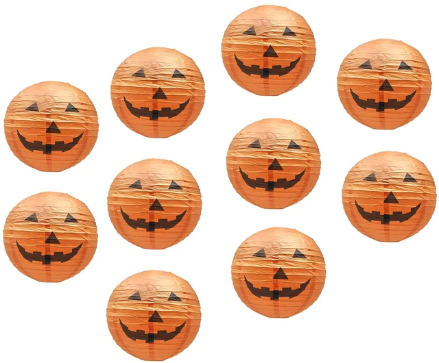 Main image of Pumpkin Paper Lanterns Jack-o-Lantern Halloween Decorations | 10 PCs, Orange, Easy Assembly, 12-Inch, Hanging Outdoor Indoor, Spooky Lamps for Halloween Party Decor, Yard