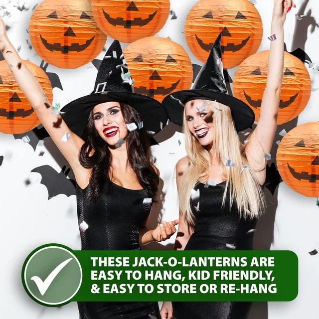 Alt view image 4 of 5 - Pumpkin Paper Lanterns Jack-o-Lantern Halloween Decorations | 10 PCs, Orange, Easy Assembly, 12-Inch, Hanging Outdoor Indoor, Spooky Lamps for Halloween Party Decor, Yard