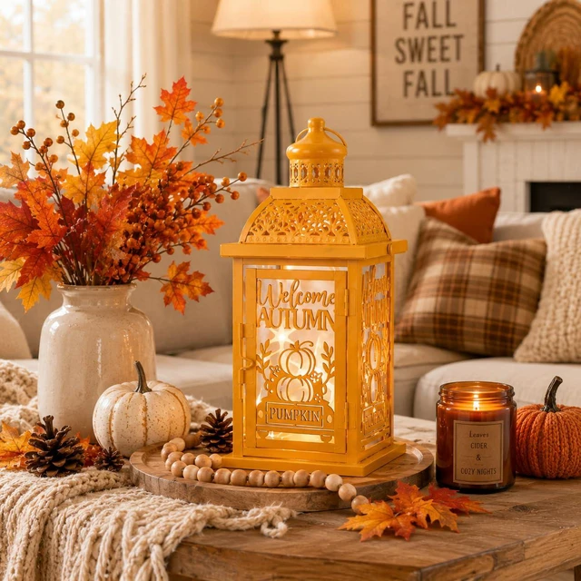 Alt view image 2 of 7 - Fall Decorations for Home, Decorative Candle Lantern for Tabletop Mantel Decor, Vintage Metal Lantern Candle Holders for Indoor Outdoor Decor, Halloween,Thanksgiving,Autumn(Pumpkin)