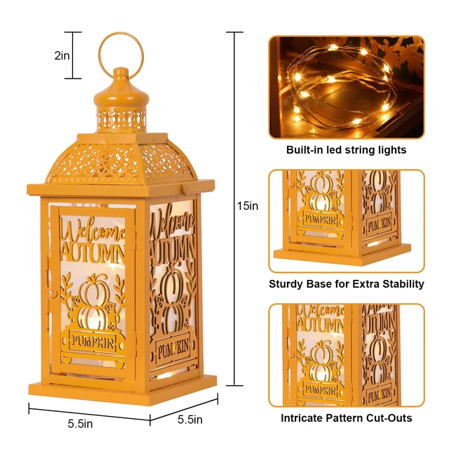 Alt view image 4 of 7 - Fall Decorations for Home, Decorative Candle Lantern for Tabletop Mantel Decor, Vintage Metal Lantern Candle Holders for Indoor Outdoor Decor, Halloween,Thanksgiving,Autumn(Pumpkin)