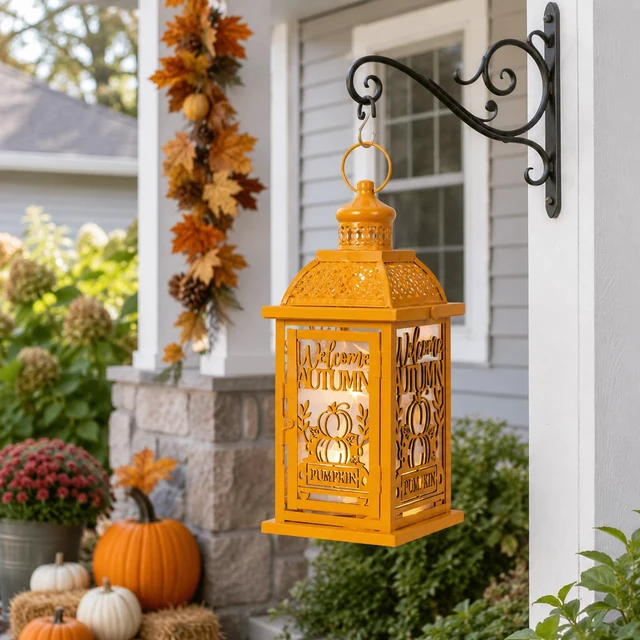 Alt view image 5 of 7 - Fall Decorations for Home, Decorative Candle Lantern for Tabletop Mantel Decor, Vintage Metal Lantern Candle Holders for Indoor Outdoor Decor, Halloween,Thanksgiving,Autumn(Pumpkin)