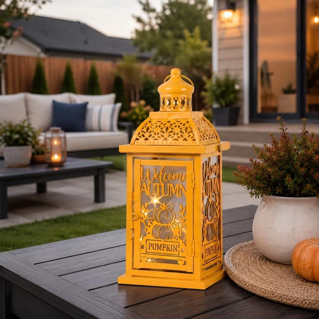 Alt view image 6 of 7 - Fall Decorations for Home, Decorative Candle Lantern for Tabletop Mantel Decor, Vintage Metal Lantern Candle Holders for Indoor Outdoor Decor, Halloween,Thanksgiving,Autumn(Pumpkin)