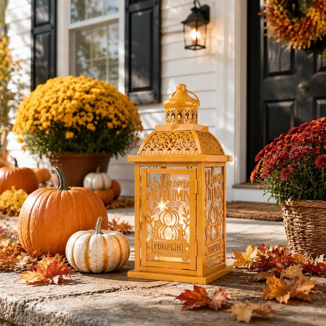 Alt view image 7 of 7 - Fall Decorations for Home, Decorative Candle Lantern for Tabletop Mantel Decor, Vintage Metal Lantern Candle Holders for Indoor Outdoor Decor, Halloween,Thanksgiving,Autumn(Pumpkin)