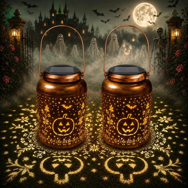 Main image of Halloween Decorations Solar Lantern Pumpkin 2 Pack, Shadow Projection | Outdoor IP65 waterproof metal lantern pumpkin, bat & leaf shadows; solar powered, auto dusk-to-dawn sensor, no wiring needed