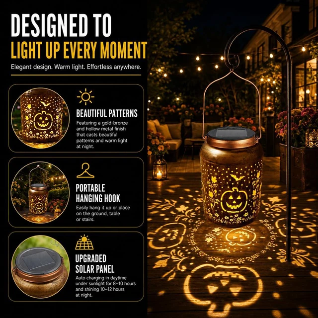 Alt view image 2 of 7 - Halloween Decorations Solar Lantern Pumpkin 2 Pack, Shadow Projection | Outdoor IP65 waterproof metal lantern pumpkin, bat & leaf shadows; solar powered, auto dusk-to-dawn sensor, no wiring needed