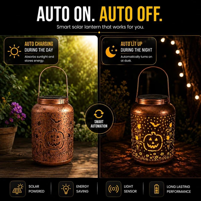 Alt view image 4 of 7 - Halloween Decorations Solar Lantern Pumpkin 2 Pack, Shadow Projection | Outdoor IP65 waterproof metal lantern pumpkin, bat & leaf shadows; solar powered, auto dusk-to-dawn sensor, no wiring needed