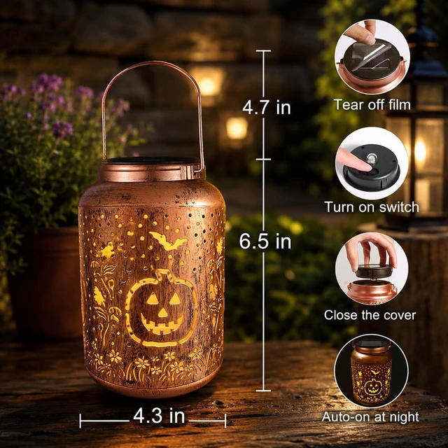 Alt view image 3 of 7 - Halloween Decorations Solar Lantern Pumpkin 2 Pack, Shadow Projection | Outdoor IP65 waterproof metal lantern pumpkin, bat & leaf shadows; solar powered, auto dusk-to-dawn sensor, no wiring needed