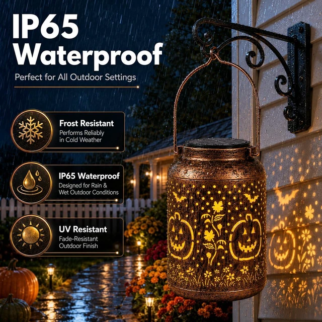 Alt view image 5 of 7 - Halloween Decorations Solar Lantern Pumpkin 2 Pack, Shadow Projection | Outdoor IP65 waterproof metal lantern pumpkin, bat & leaf shadows; solar powered, auto dusk-to-dawn sensor, no wiring needed