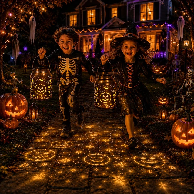 Alt view image 7 of 7 - Halloween Decorations Solar Lantern Pumpkin 2 Pack, Shadow Projection | Outdoor IP65 waterproof metal lantern pumpkin, bat & leaf shadows; solar powered, auto dusk-to-dawn sensor, no wiring needed
