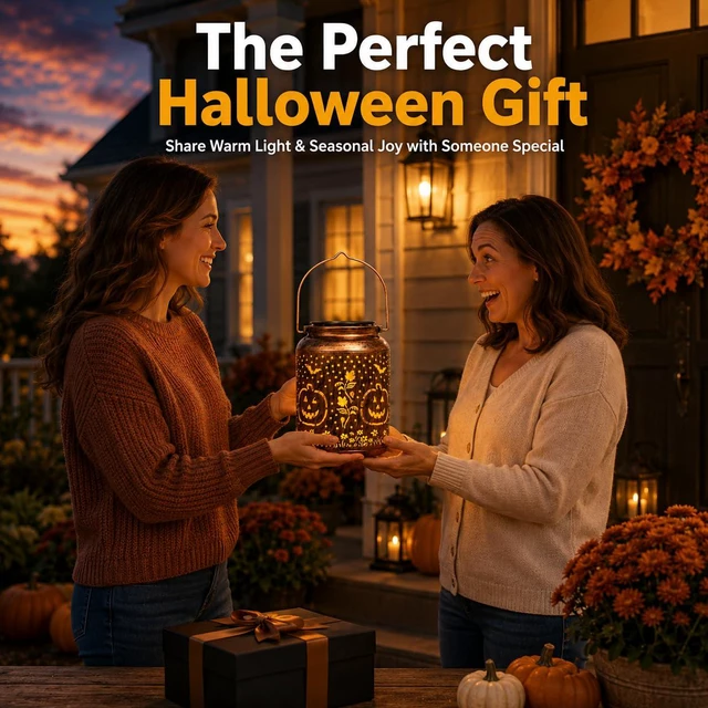 Alt view image 6 of 7 - Halloween Decorations Solar Lantern Pumpkin 2 Pack, Shadow Projection | Outdoor IP65 waterproof metal lantern pumpkin, bat & leaf shadows; solar powered, auto dusk-to-dawn sensor, no wiring needed