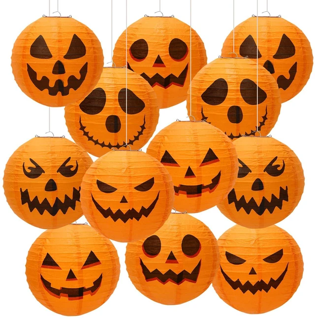 Main image of 12PCS Halloween Pumpkin Paper Lanterns, Hanging Jack O Lantern Set | Sturdy Tissue Paper, Halloween Lanterns Outdoor, Indoor Party Decoration Supplies,