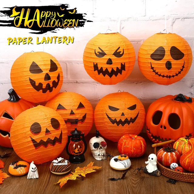 Alt view image 3 of 7 - 12PCS Halloween Pumpkin Paper Lanterns, Hanging Jack O Lantern Set | Sturdy Tissue Paper, Halloween Lanterns Outdoor, Indoor Party Decoration Supplies,