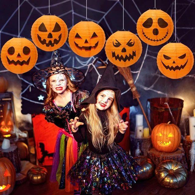 Alt view image 6 of 7 - 12PCS Halloween Pumpkin Paper Lanterns, Hanging Jack O Lantern Set | Sturdy Tissue Paper, Halloween Lanterns Outdoor, Indoor Party Decoration Supplies,