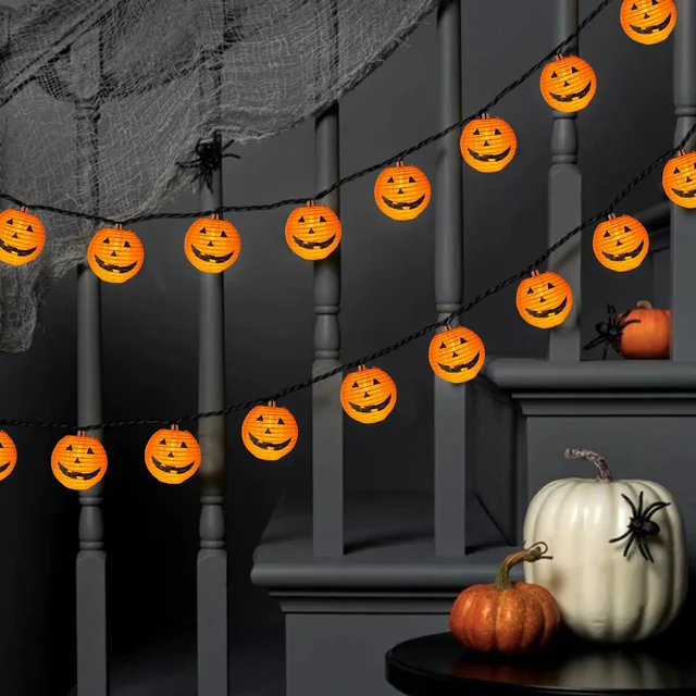 Alt view image 5 of 7 - Halloween Pumpkin Lantern Lights Outdoor, 8.5Ft Plug in Orange Halloween Decorations String Light with 10 LED Jack O Lantern Lights, Hanging Fairy Lights Waterproof for Yard Party Patio Garden Window