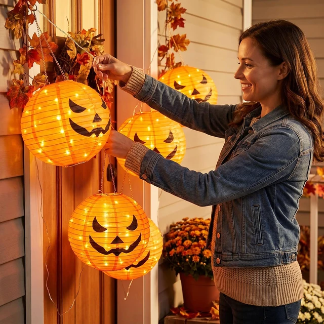 Alt view image 2 of 7 - 4Pcs Solar Pumpkin Lantern Outdoor Hanging Halloween Decorations | 12-Inch Fabric Jack O Lantern, 160 LEDs & 8 Modes, Waterproof Halloween Pumpkin Lights for Yard Porch Trick-or-Treat Party