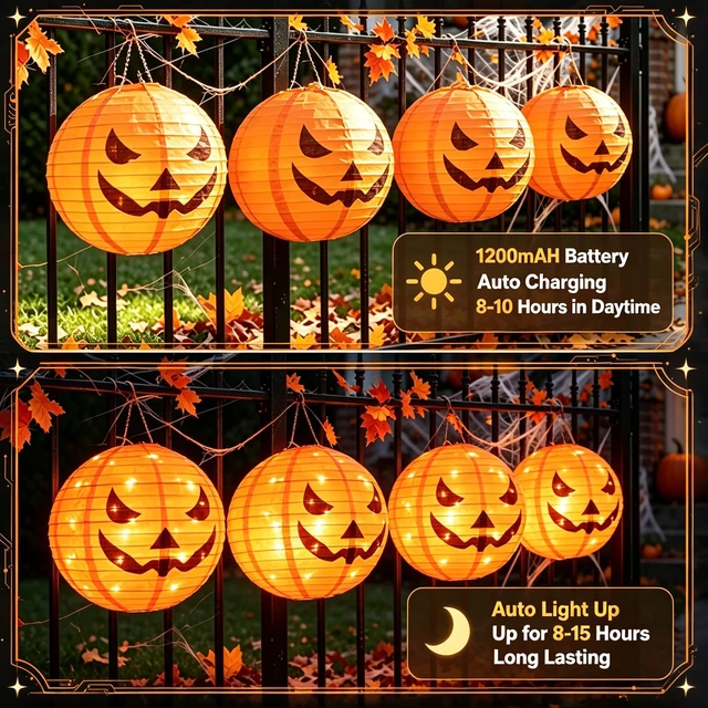 Alt view image 3 of 7 - 4Pcs Solar Pumpkin Lantern Outdoor Hanging Halloween Decorations | 12-Inch Fabric Jack O Lantern, 160 LEDs & 8 Modes, Waterproof Halloween Pumpkin Lights for Yard Porch Trick-or-Treat Party