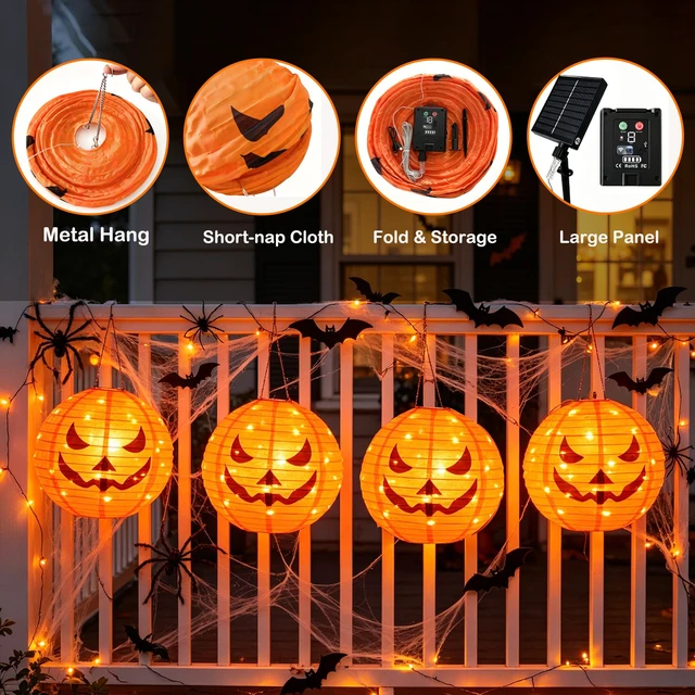 Alt view image 4 of 7 - 4Pcs Solar Pumpkin Lantern Outdoor Hanging Halloween Decorations | 12-Inch Fabric Jack O Lantern, 160 LEDs & 8 Modes, Waterproof Halloween Pumpkin Lights for Yard Porch Trick-or-Treat Party