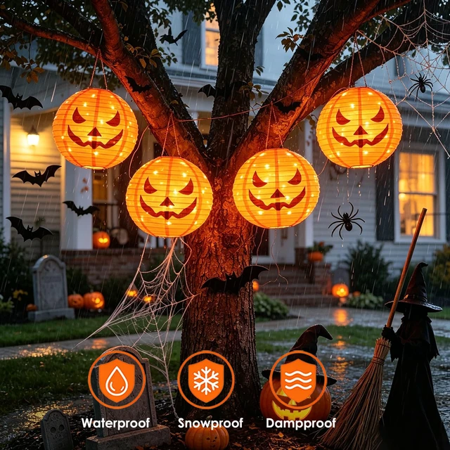 Alt view image 5 of 7 - 4Pcs Solar Pumpkin Lantern Outdoor Hanging Halloween Decorations | 12-Inch Fabric Jack O Lantern, 160 LEDs & 8 Modes, Waterproof Halloween Pumpkin Lights for Yard Porch Trick-or-Treat Party
