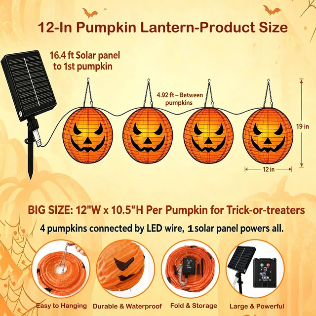 Alt view image 6 of 7 - 4Pcs Solar Pumpkin Lantern Outdoor Hanging Halloween Decorations | 12-Inch Fabric Jack O Lantern, 160 LEDs & 8 Modes, Waterproof Halloween Pumpkin Lights for Yard Porch Trick-or-Treat Party