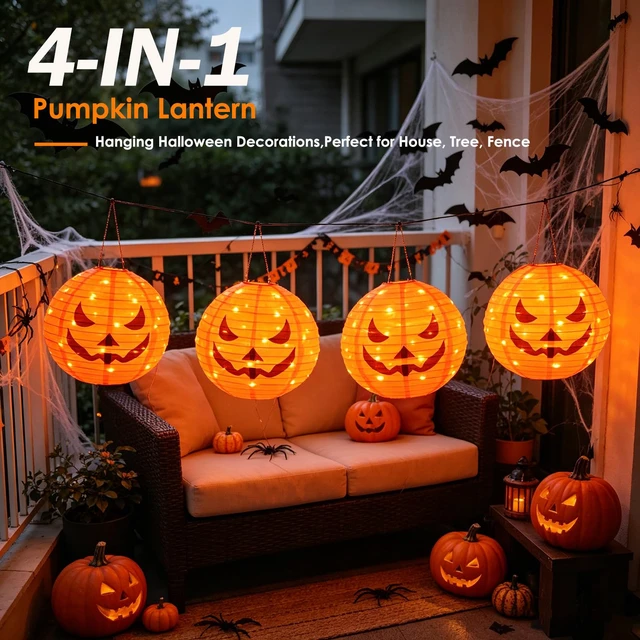 Alt view image 7 of 7 - 4Pcs Solar Pumpkin Lantern Outdoor Hanging Halloween Decorations | 12-Inch Fabric Jack O Lantern, 160 LEDs & 8 Modes, Waterproof Halloween Pumpkin Lights for Yard Porch Trick-or-Treat Party